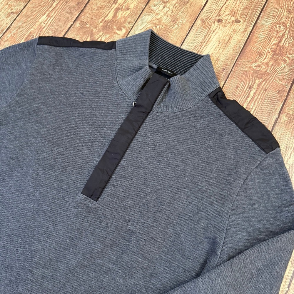 BOSS Hugo Boss Quarter Zip Sweater Mens Large Gray Cotton Shoulder Patches